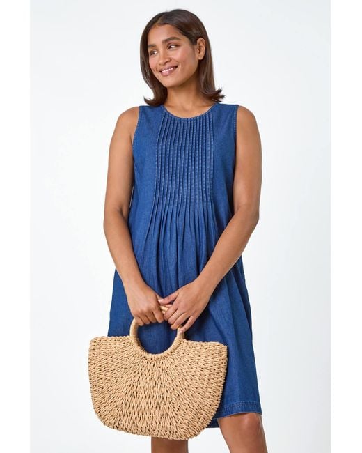 Roman Blue Denim Pintuck Detail Pocket Dress