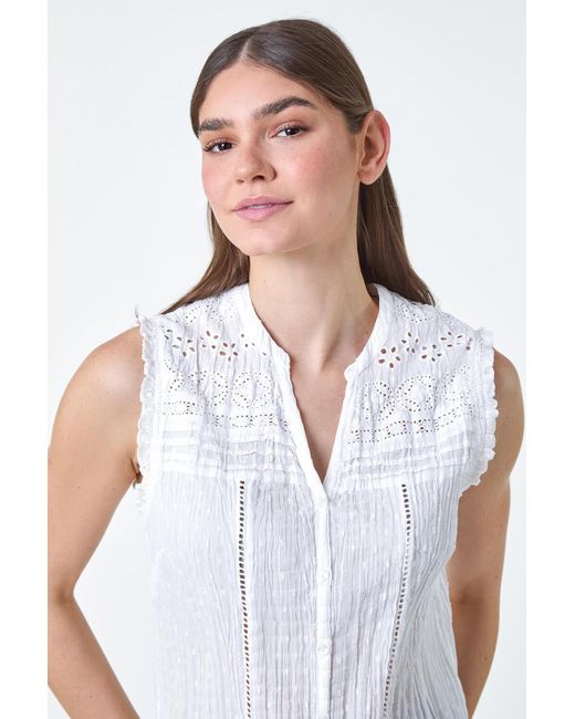 Roman White Broderie Crinkle Cotton Top