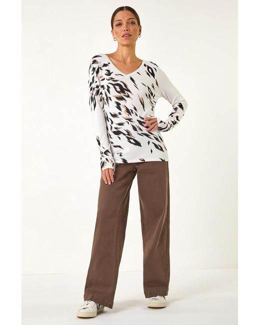 Roman Brown V-Neck Animal Print Knit Jumper