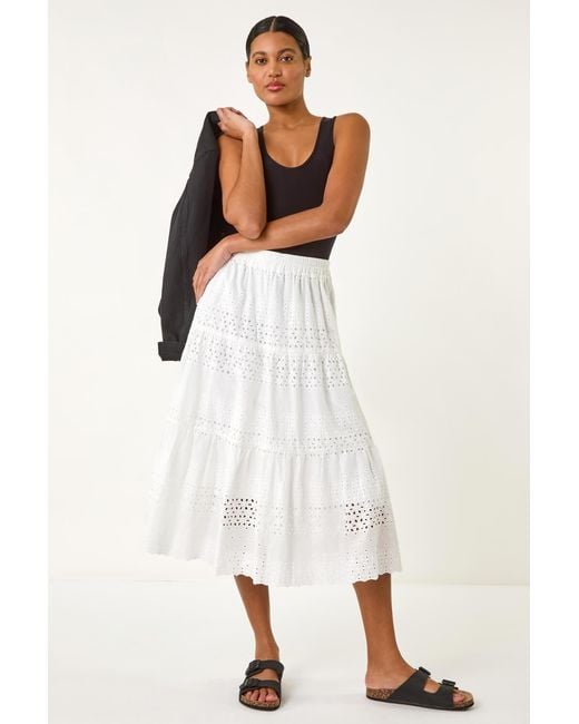 Roman Natural Broderie Cotton A-Line Midi Skirt