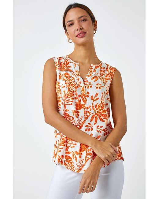 Roman Orange Sleeveless V-Neck Floral Print Vest