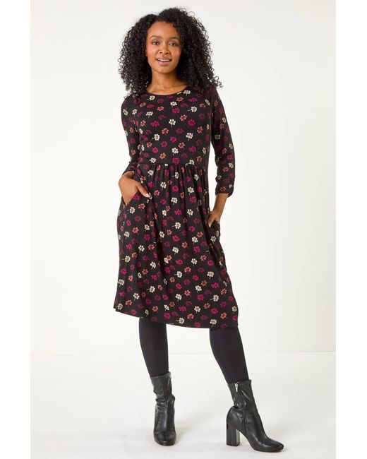 Roman Petite Red Floral Ruched Detail Dress
