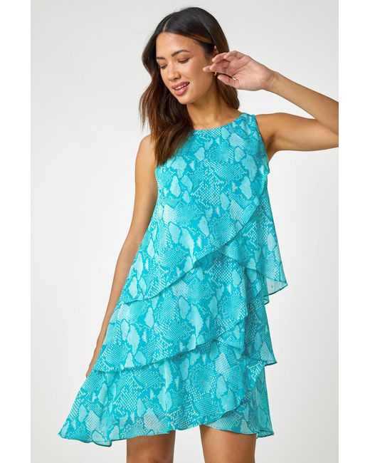 Roman Blue Animal Print Asymmetric Tiered Dress
