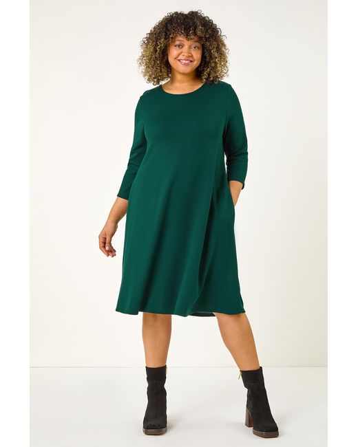 Roman Curve Green Pocket Detail Swing Stretch Dress