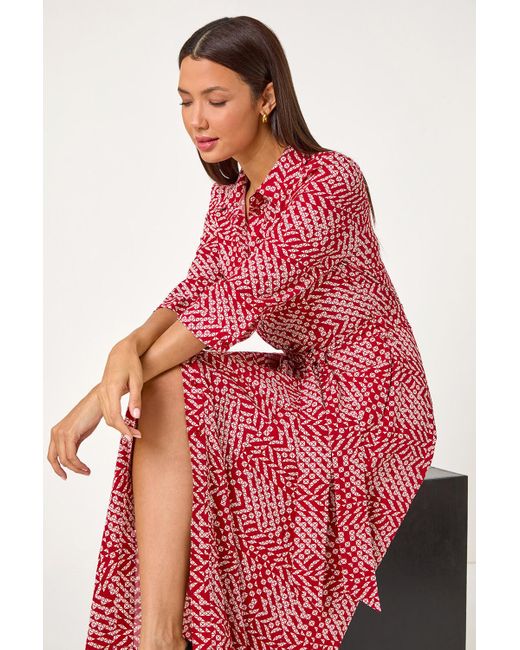 Roman Red Geometric Print Tie Waist Midi Shirt Dress