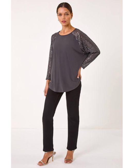 Roman Gray Sequin Sleeve Tunic Stretch Top
