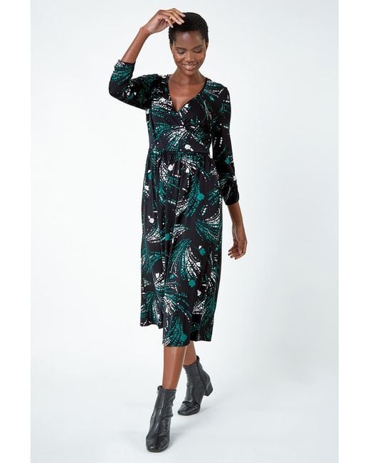 Roman Blue Abstract Print Wrap Midi Stretch Dress