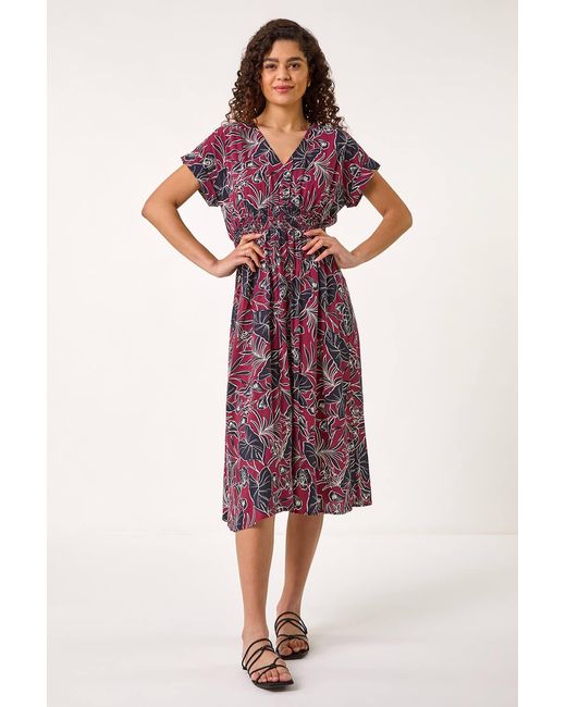 Roman Purple Abstract Leaf Print Shirred Midi Dress