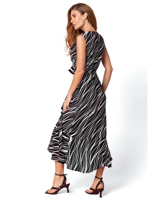 Roman Black Zebra Print Frill Wrap Dress