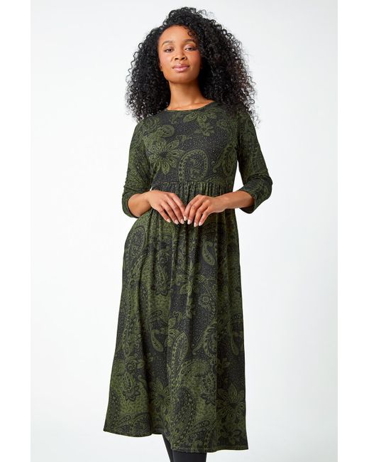 Roman Green Originals Petite Paisley Print Ruched Midi Dress