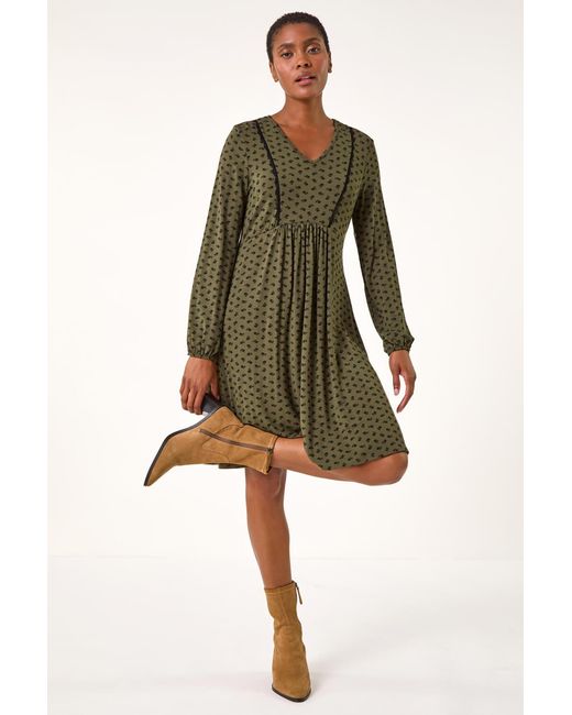 Roman Green Ditsy Lace Trim V-Neck Frill Dress