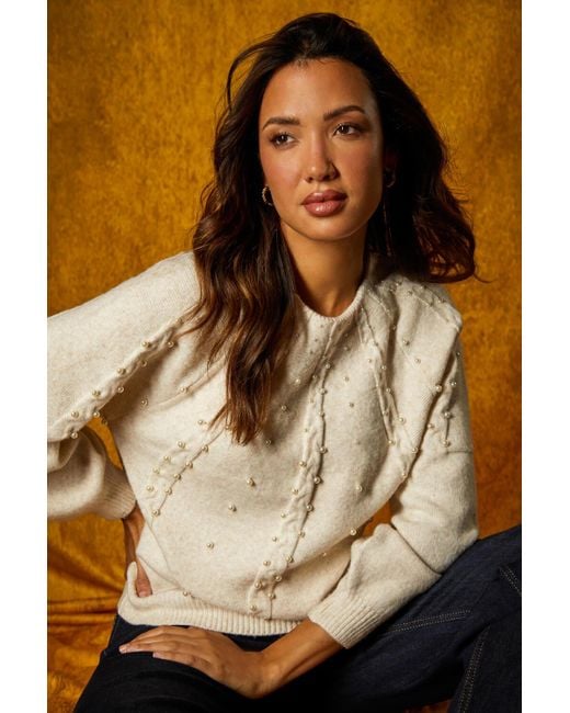 Roman Natural Pearl Embellished Cable Knit Jumper