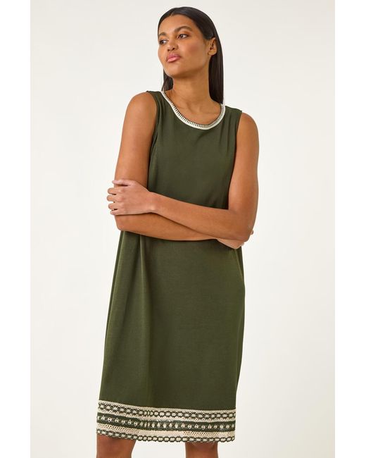 Roman Green Embroidered Trim Stretch Shift Dress