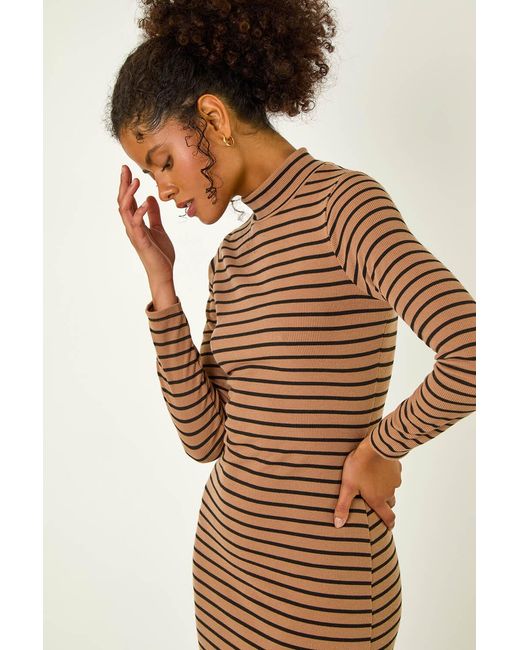 D.u.s.k Multicolor High Neck Stripe Stretch Midi Dress