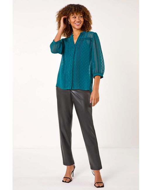 Roman Blue Dobby Lace Front Pleated Blouse