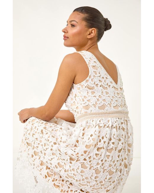 Roman Natural Lace Overlay V-Neck Midi Dress