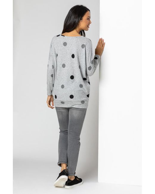 Roman Gray Polka Dot Blouson Long Sleeve Jersey Tunic Top