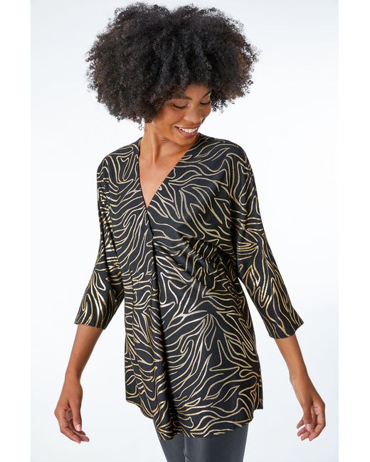 Roman Black Metallic Print V-Neck Tunic Top