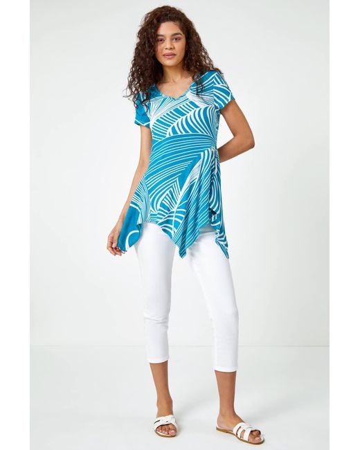 Roman Blue Textured Linear Print Hanky Hem Tunic Top