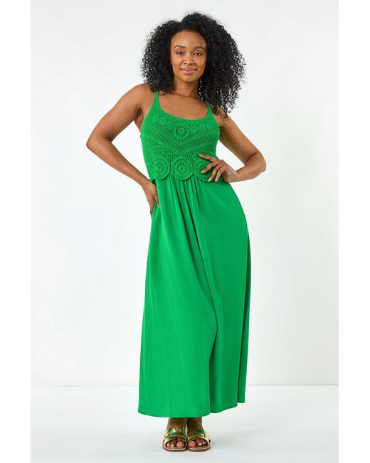 Roman Petite Green Crochet Contrast Midi Dress
