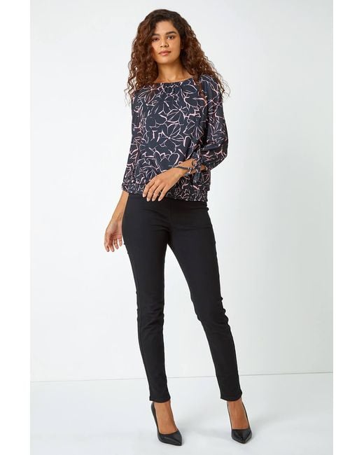 Roman Blue Floral Print Blouson Stretch Top