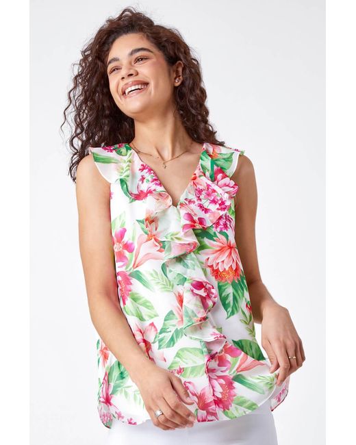 Roman Red Floral Print V-Neck Ruffle Front Chiffon Top