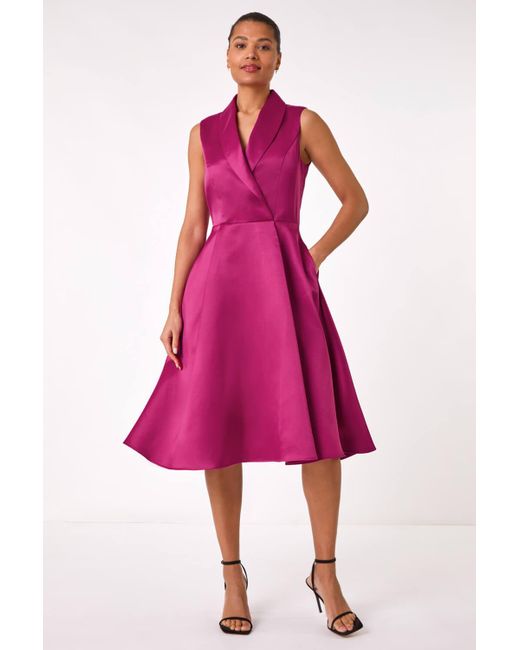 Roman Pink Satin Tuxedo Style Midi Dress