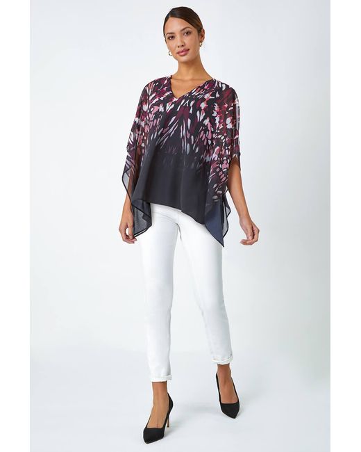 Roman Purple Abstract Print Chiffon Overlay V-Neck Top