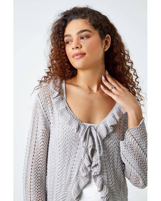 Roman Gray Pointelle Knit Frill Trim V-Neck Cardigan