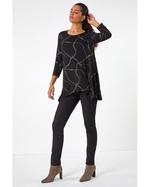 Roman Black Abstract Print Hanky Hem Stretch Top