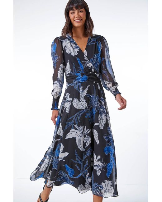 Roman Blue Floral Print Chiffon Wrap Midi Dress