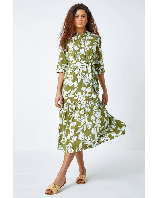 Roman Green Leaf Frill Hem Button Shirt Dress