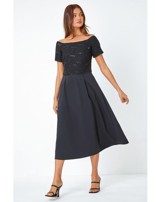 Roman Black Lace Bardot Midi Stretch Dress