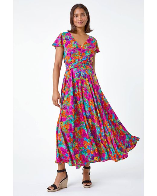 Roman Red Floral Ruched Waist Maxi Dress