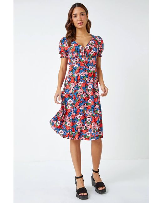 Roman Red Frill Sleeve Floral Tea Dress