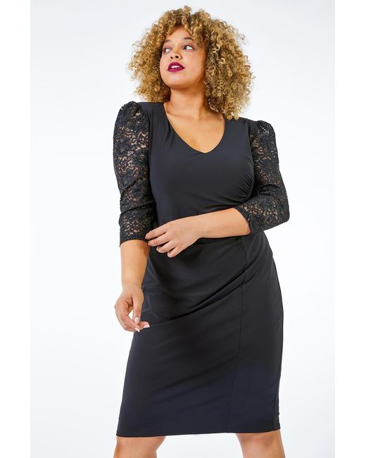 Roman Curve Black Lace Sleeve Stretch Shift Dress