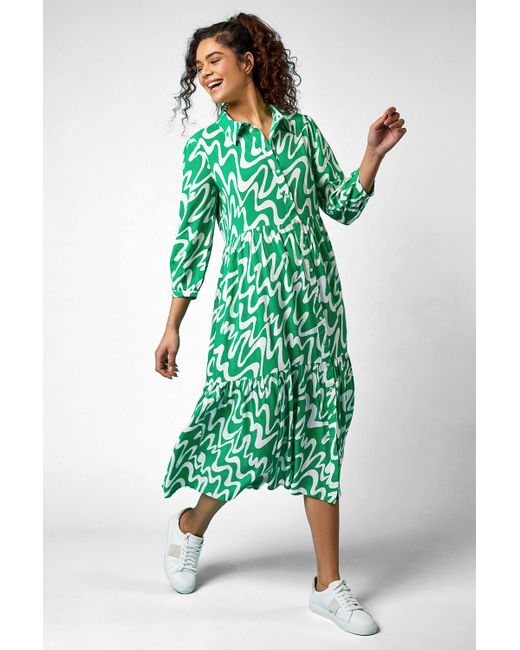 Roman Green Wave Print Tiered Shirt Dress