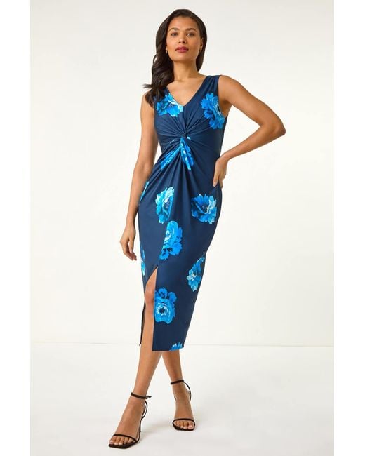 Roman Blue Floral Twist Front Midi Dress