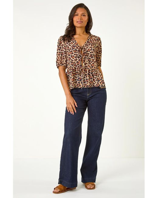 Roman Blue Animal Print Tie Front Woven Top