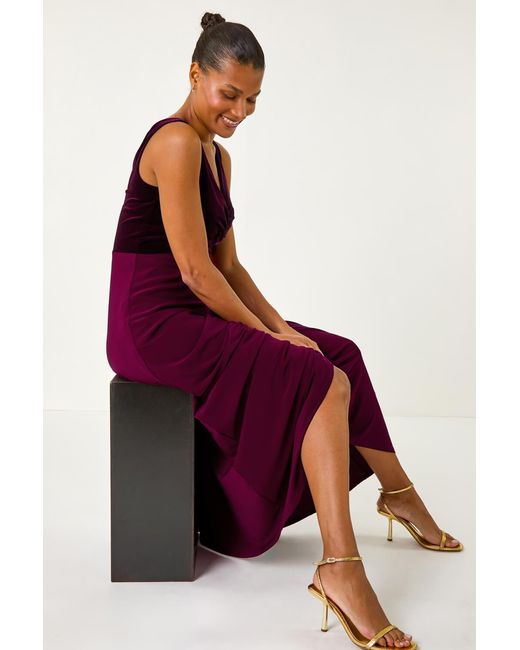 Roman Red Velvet Twist Front Maxi Stretch Dress