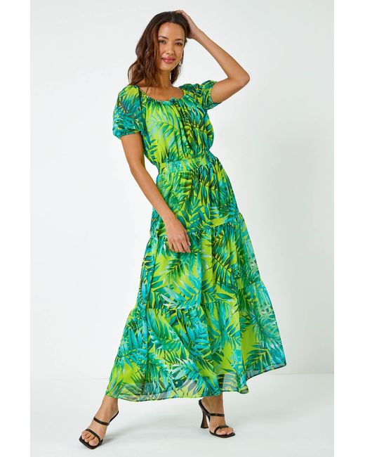 Roman Green Palm Print Chiffon Tiered Maxi Dress