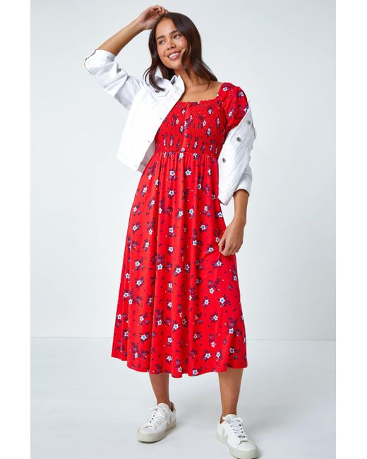 Roman Originals Petite Shirred Stretch Floral Midi Dress