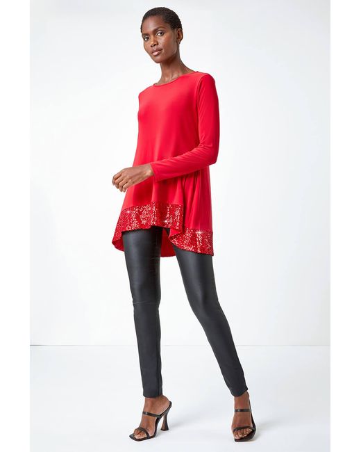 Roman Red Sequin Hem Tunic Stretch Top