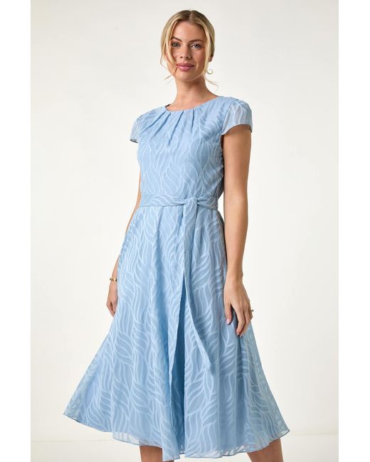 Roman Petite Blue Jacquard Gathered Neck Dress
