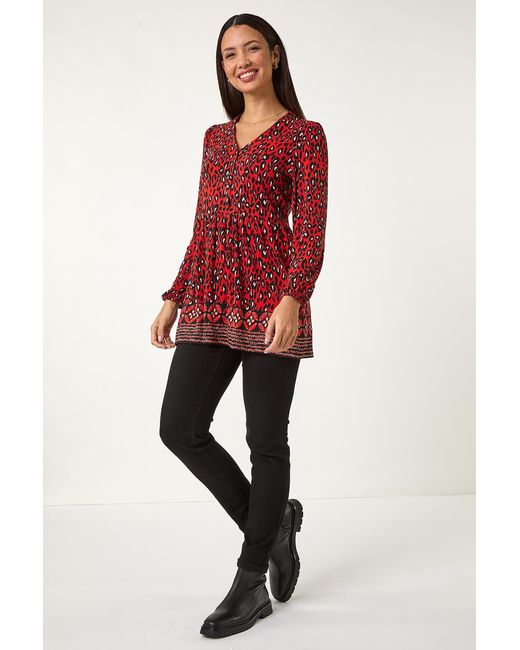 Roman Red Abstract Printed V-Neck Tunic Top