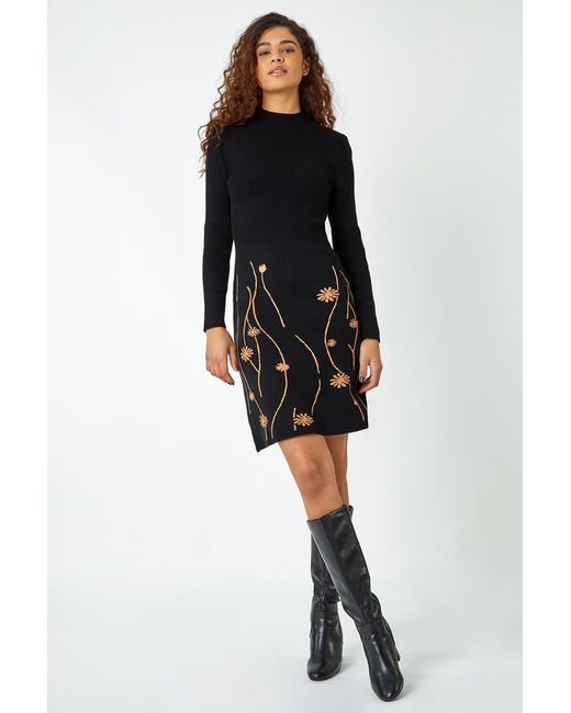 Roman Black Ribbed Knit Floral Stretch Dress