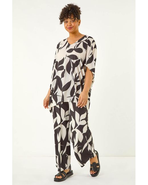Roman Curve Black Leaf Print Stretch Trousers