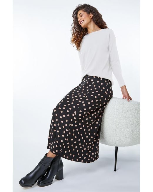 Roman Black Stretch Midi Polka Dot Skirt