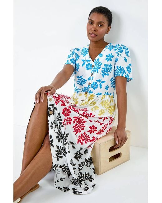 Roman White Colourblock Floral Button Tiered Dress