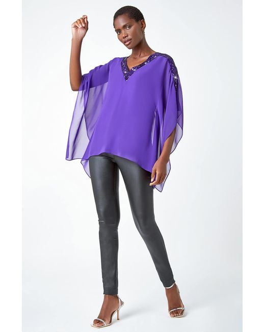Roman Purple Sequin Trim Overlay Stretch Top